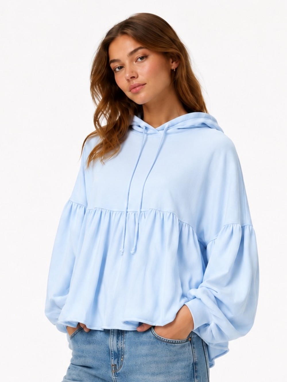 Aerie Peplum Babydoll Hoodie Balloon Sleeve Powder Blue Medium (CLEO)